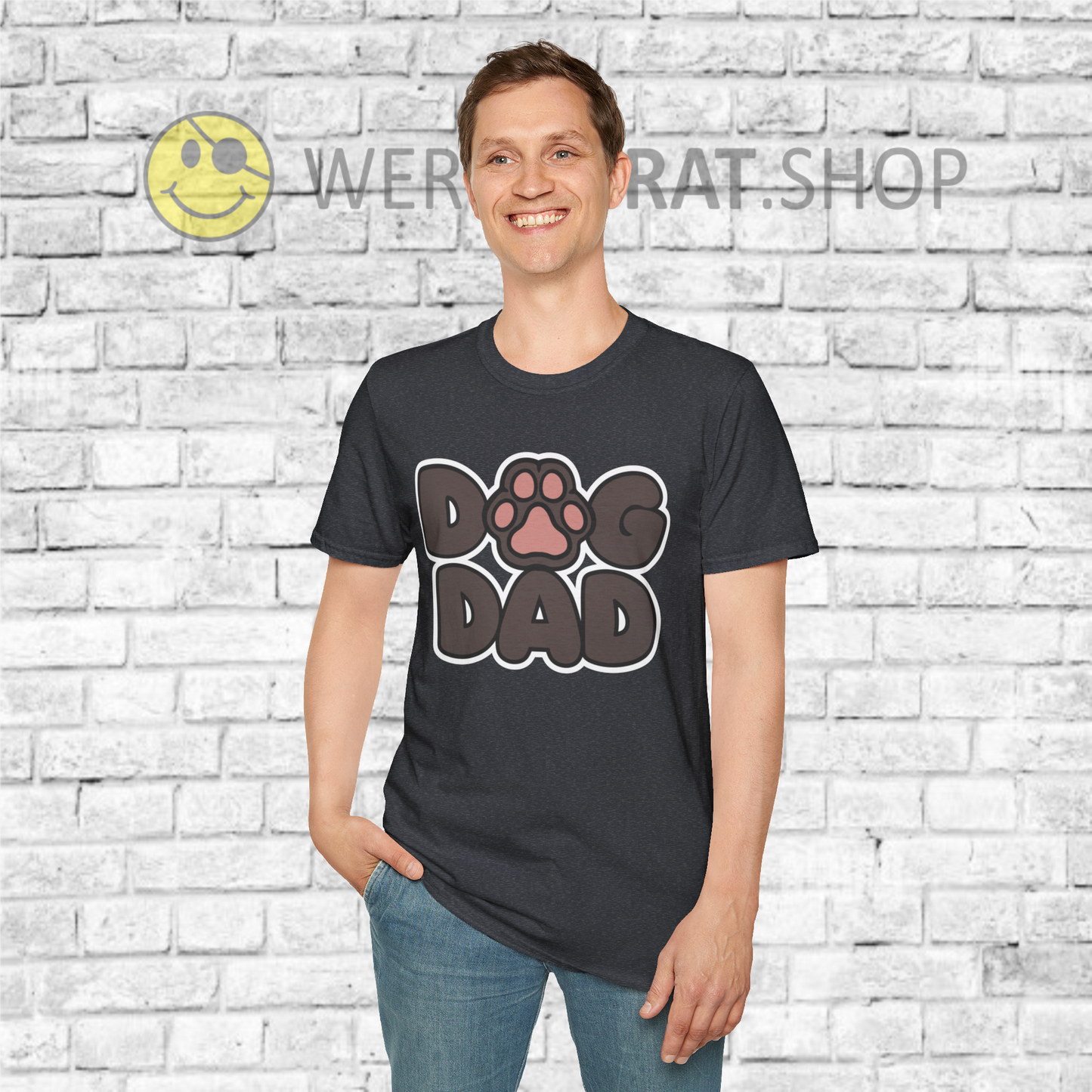 Herren Basic V-Neck T-Shirt Dog Dad Weiß