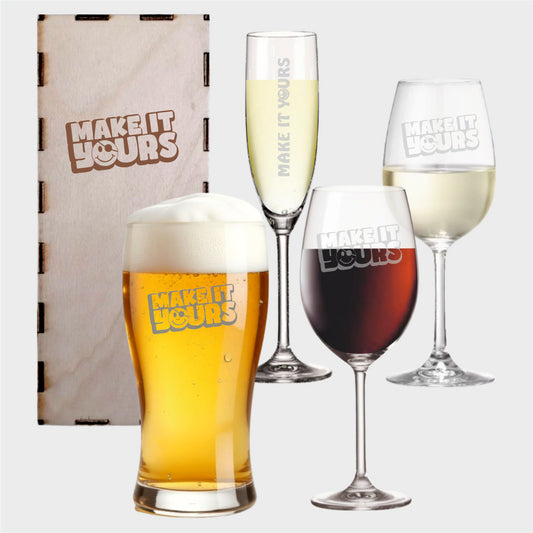 Personalisierbares Glas mit Lasergravur - optional mit Holzkiste